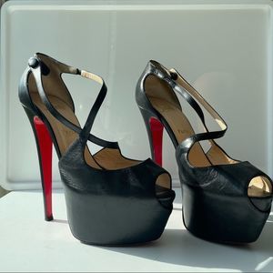 Christian Louboutin Ultra High Platform Strappy Black Leather Heels 40